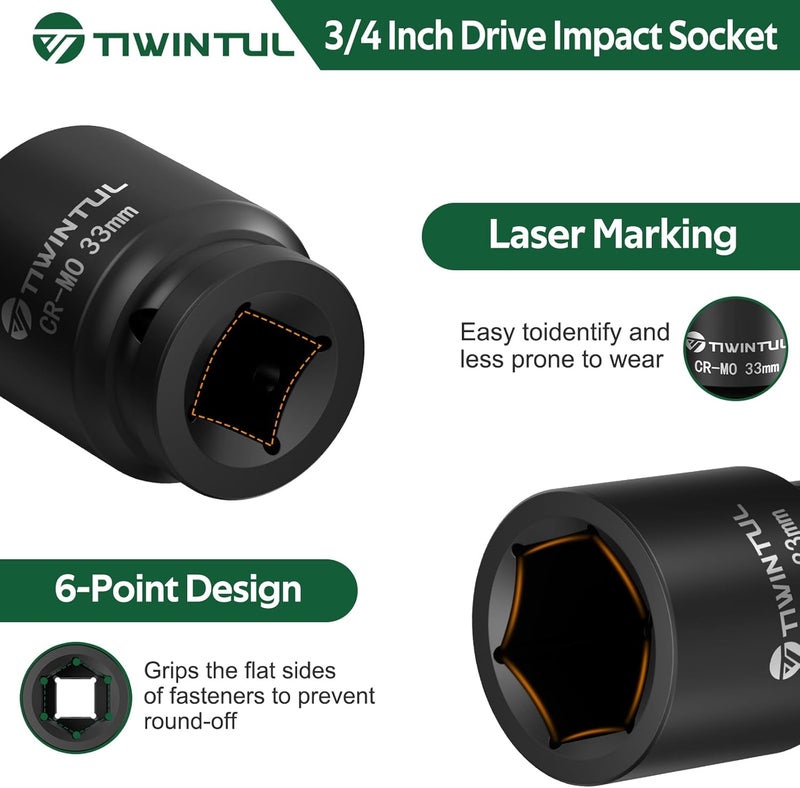 TIWINTUL 3/4 Inch Drive Metric Impact Socket 33mm, 6-Point Design, Heat-Treated Chrome Molybdenum Alloy Steel, Spindle Axle Nut Socket for Auto Repair, Easy Removal - Image 3